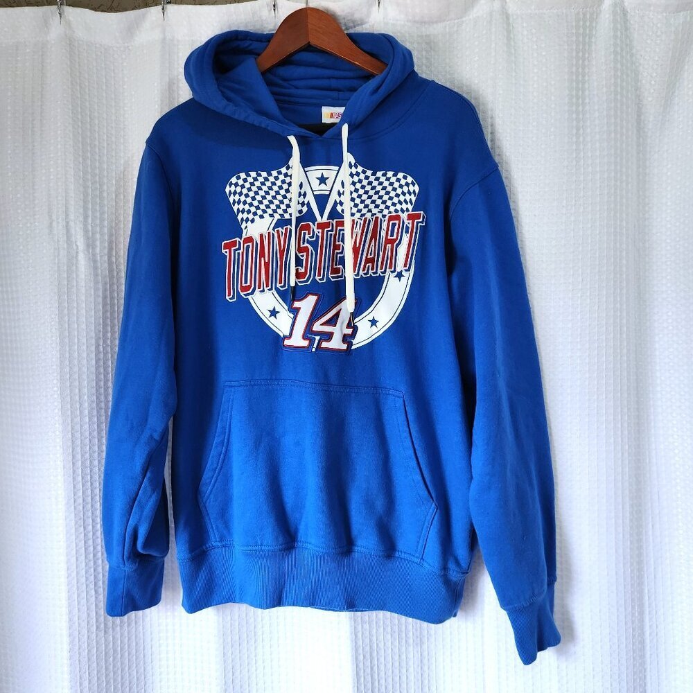 NASCAR Tony Stewart 14 Hoodie Mens Large Blue Racing Pull Over Fleece Sweatshirt